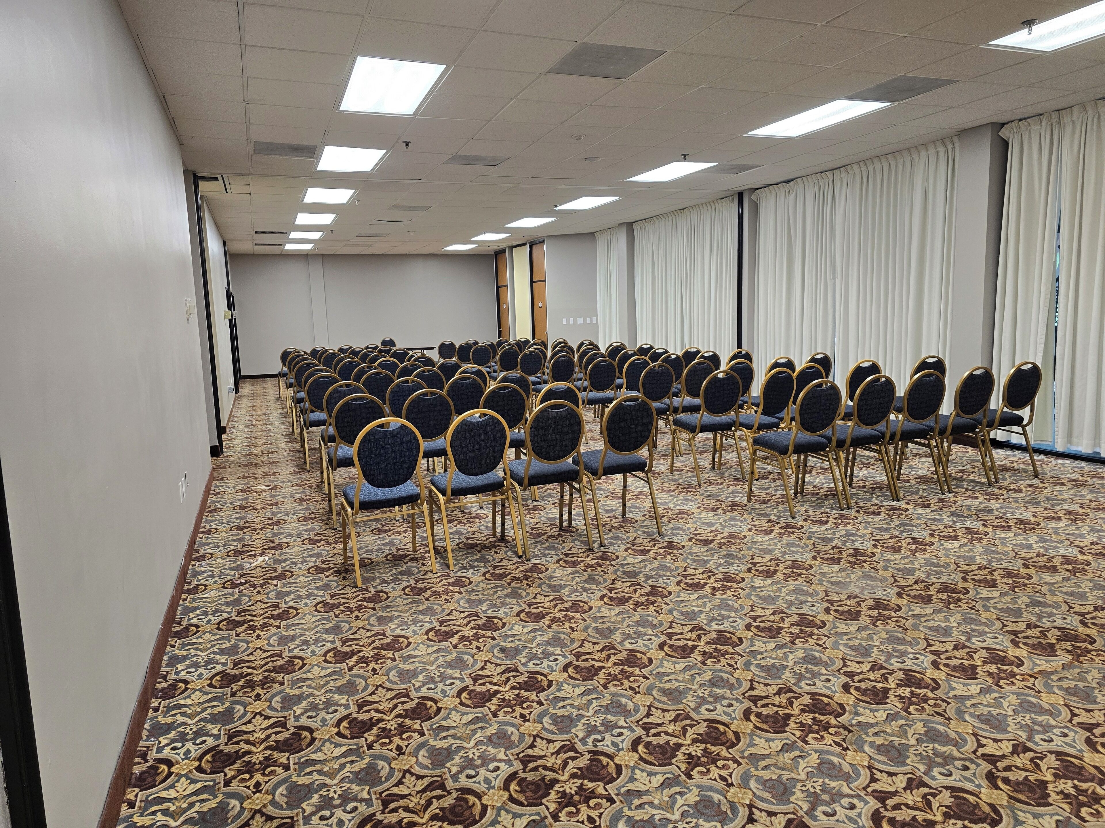 A conference room with rows of chairs, a patterned carpet, and a plain wall with a door.