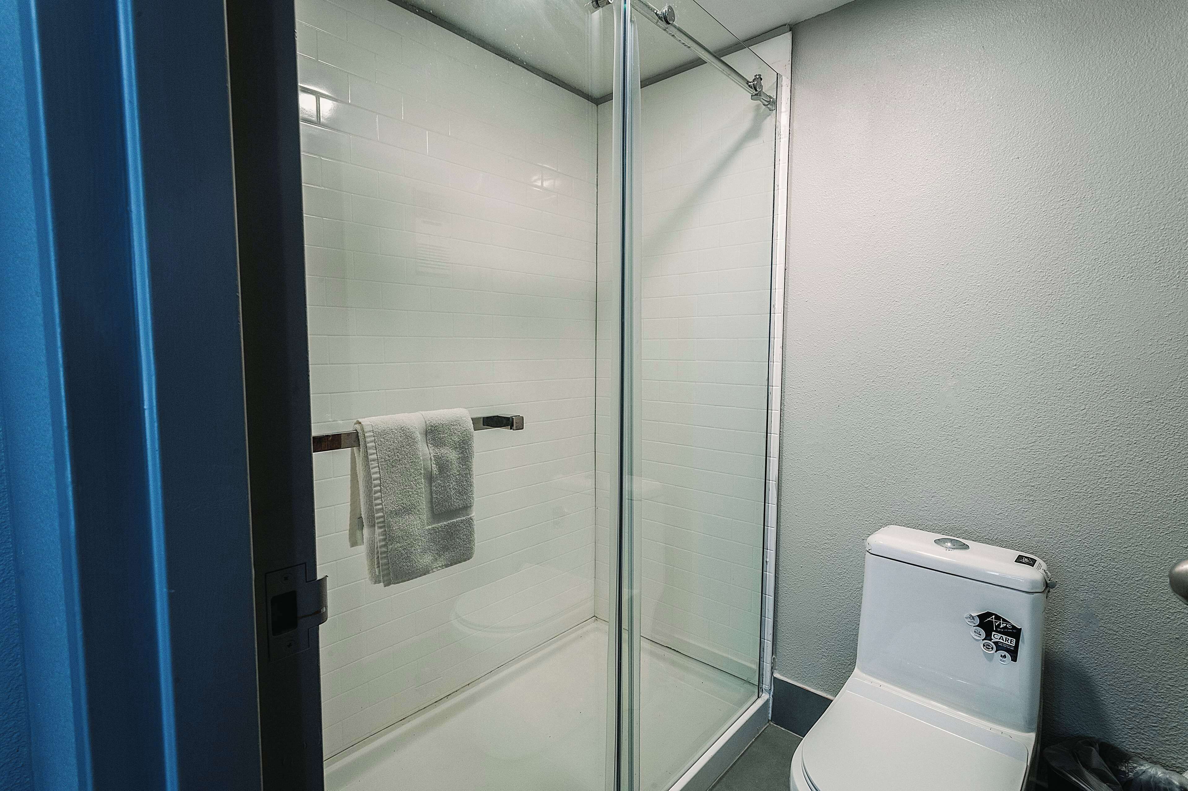 A bathroom with a glass shower enclosure, a toilet, and a towel rack.