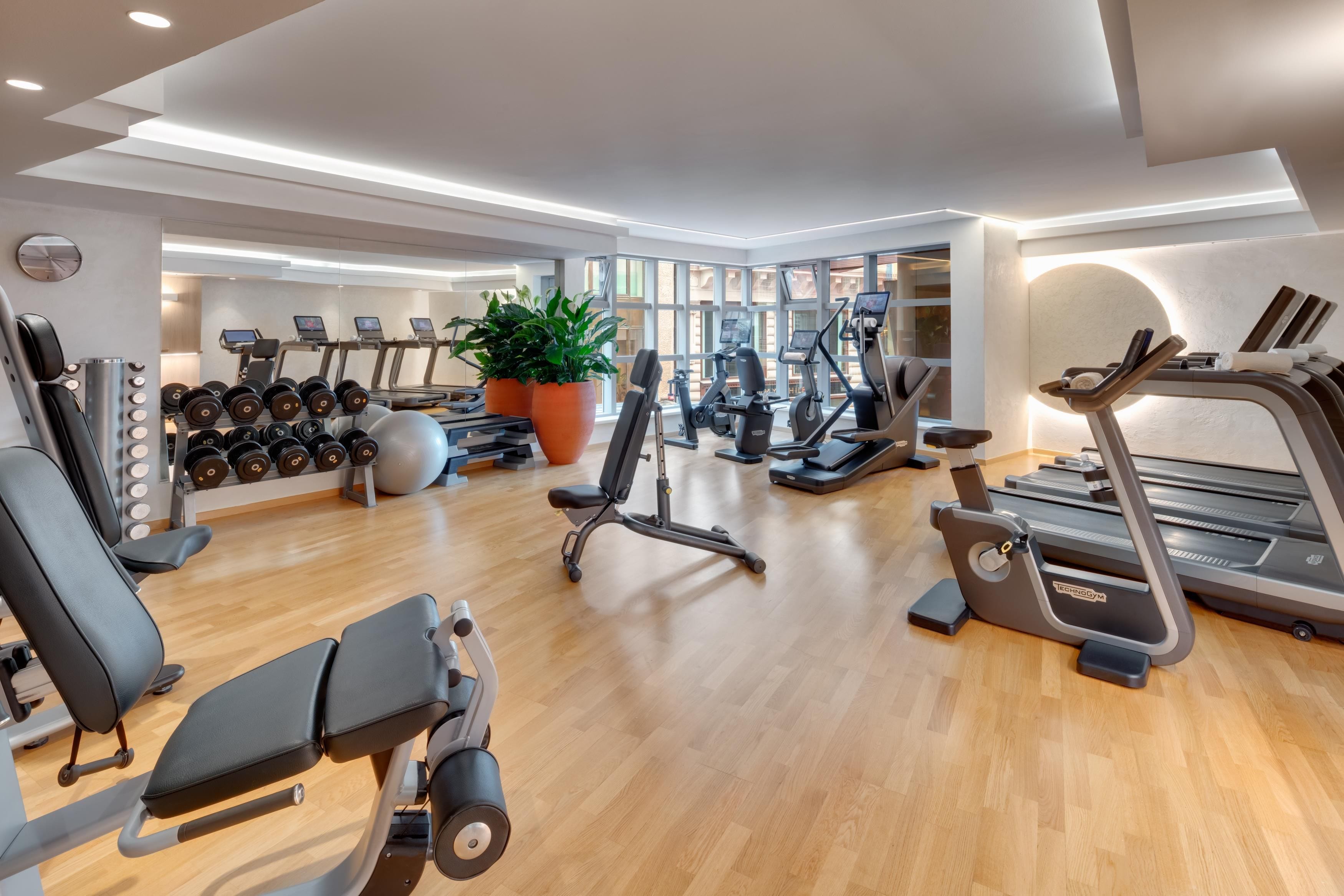 Un gimnasio moderno con cintas de correr, elípticas, pesas libres y una máquina de remo.