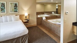 A hotel room with a large bed, a bathroom with a bathtub and a sink, and a mirror.