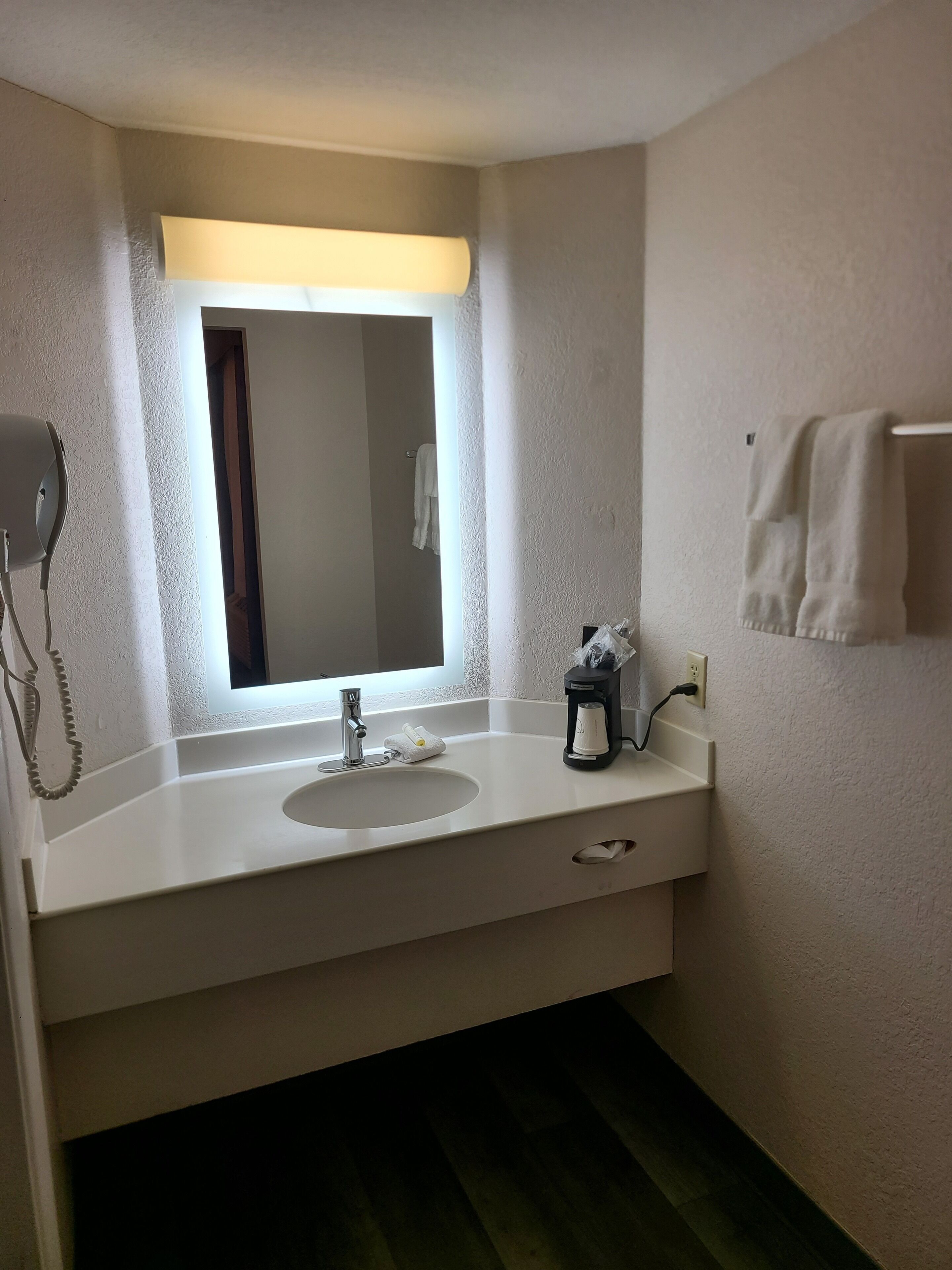 A hotel bathroom with a white sink, a mirror, a towel rack, and a hairdryer.