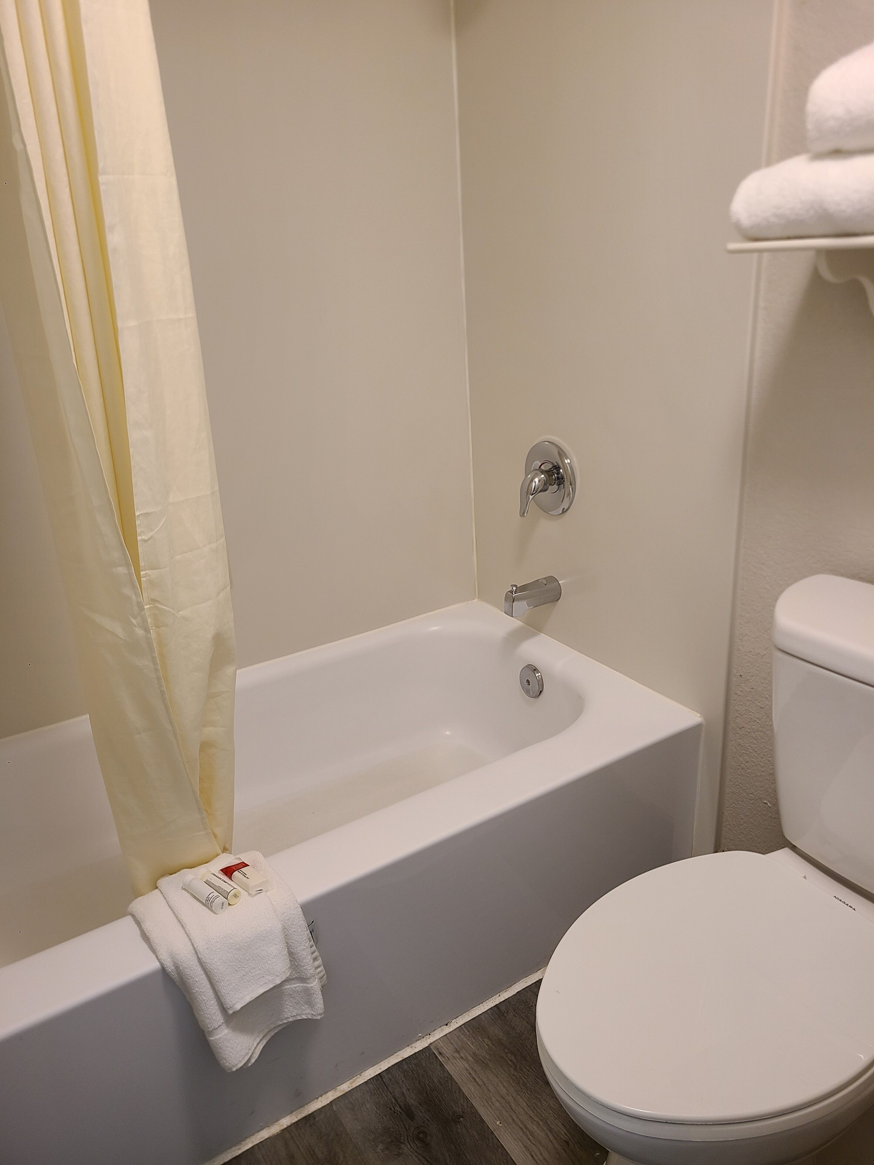 A bathroom with a bathtub, toilet, and a shower curtain.