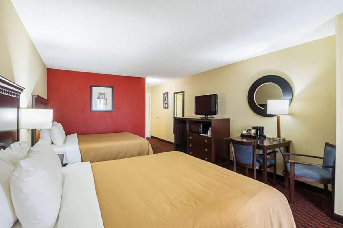 A hotel room with two beds, a desk with a chair, a television, and a mirror.