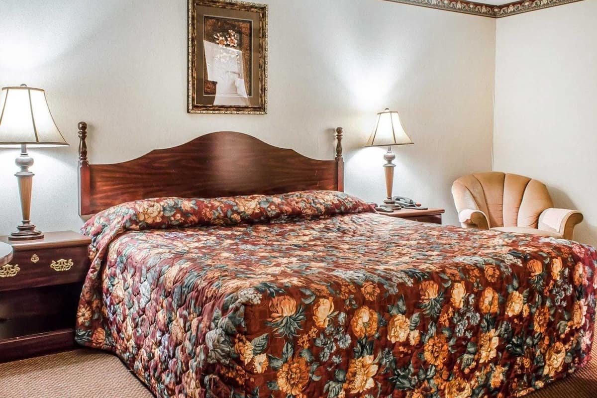 Een opgemaakt bed met een bloemenprint, twee bedlampen, een houten nachtkastje met lade en een ingelijste foto aan de muur.