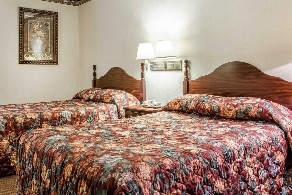 Een hotelkamer met twee bedden, elk met bloemenbedrukte lakens, een nachtkastje met een lamp en een lijst met een kunstwerk aan de muur.