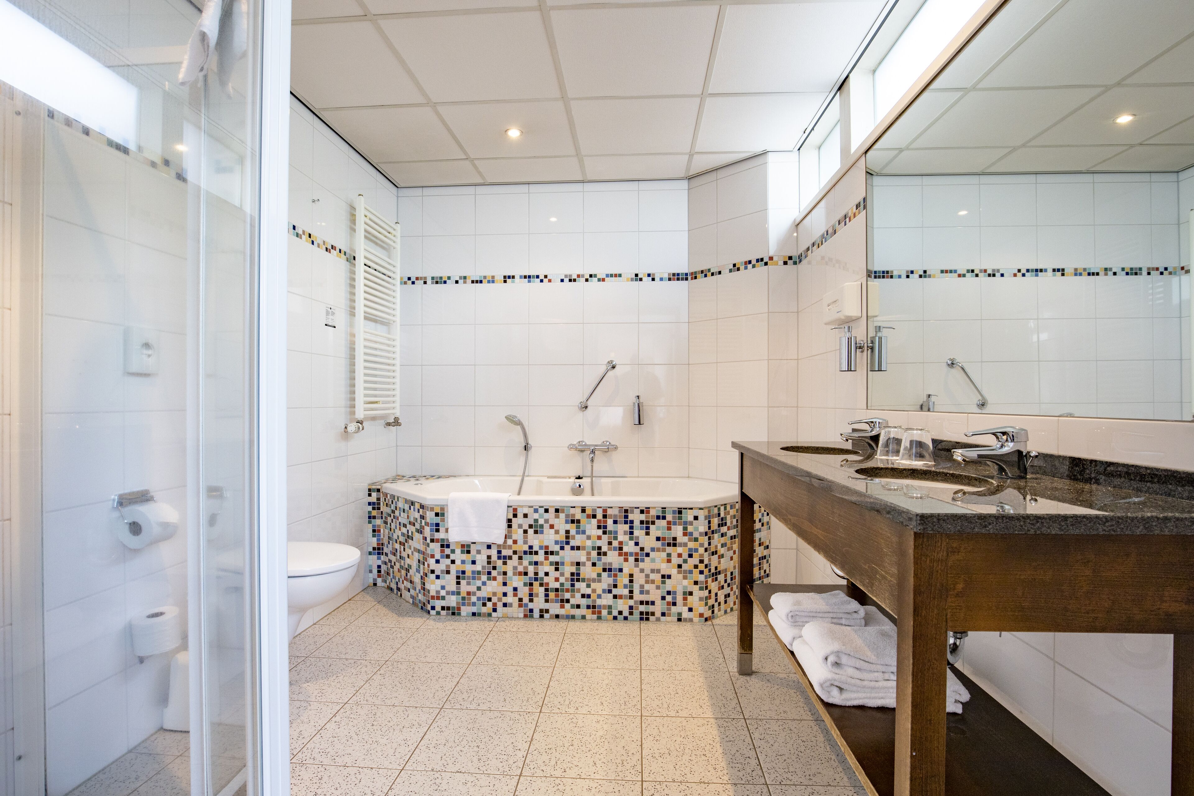 junior suite | bathroom | shower, eco-friendly toiletries, hair dryer, towels