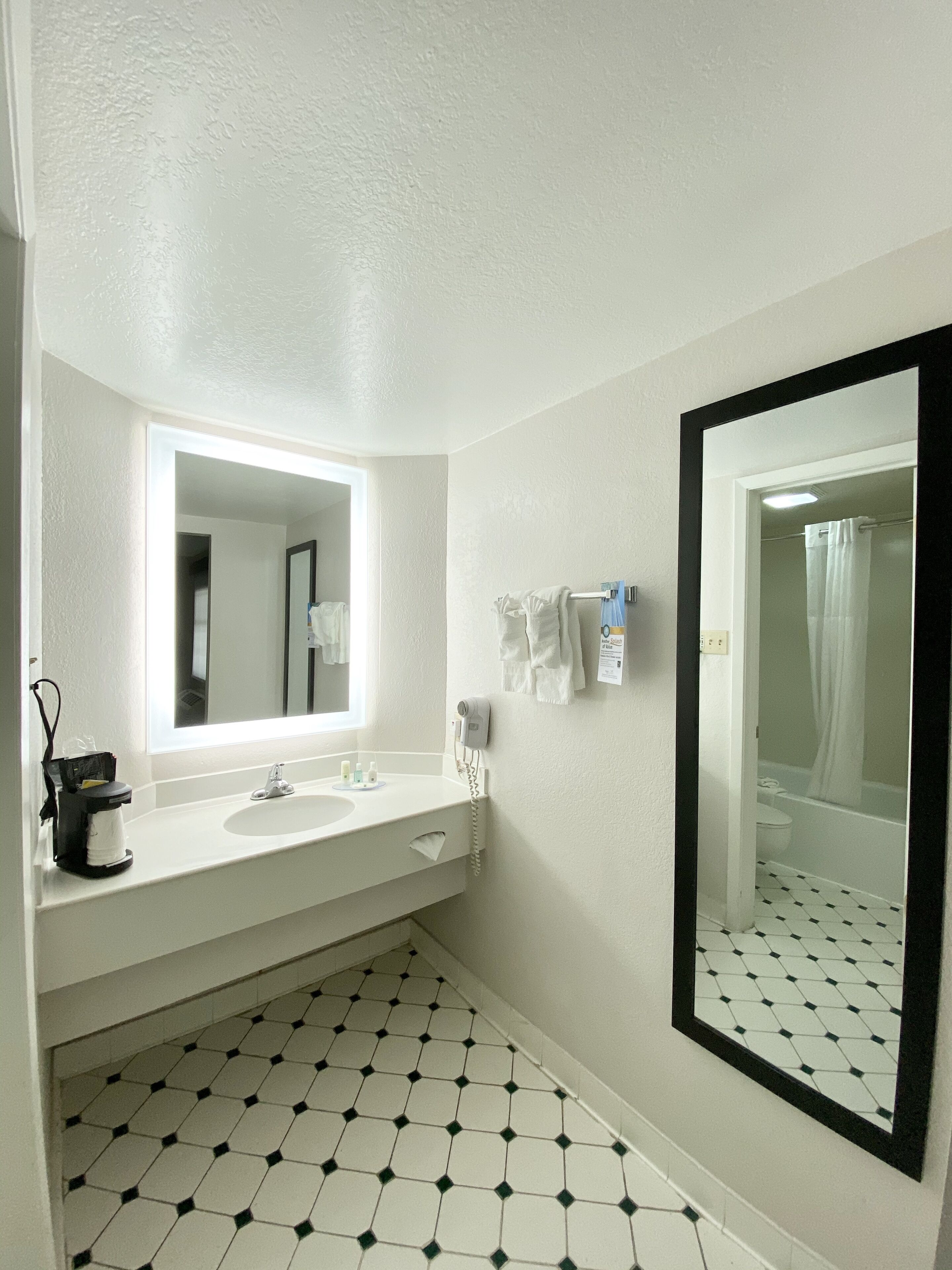 combined shower/bathtub, free toiletries, hair dryer, towels