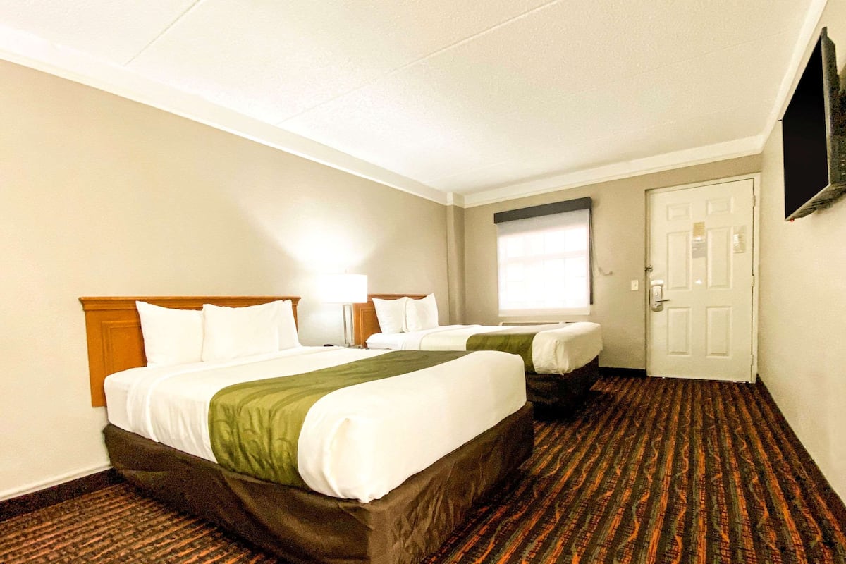 premium bedding, desk, blackout curtains, iron/ironing board