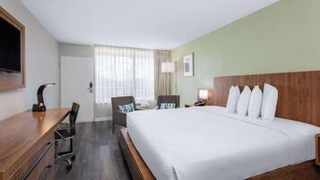 Desk, laptop workspace, blackout curtains, iron/ironing board