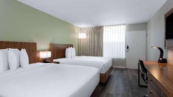 Desk, laptop workspace, blackout curtains, iron/ironing board