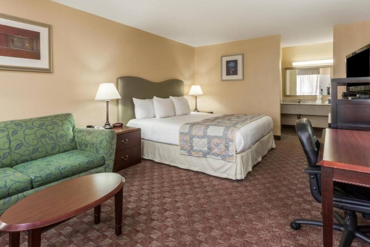 A hotel room with a bed, a green sofa, a desk, and a chair.