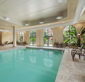 Una piscina interna con pareti in vetro trasparente, zone relax e piante in vaso.