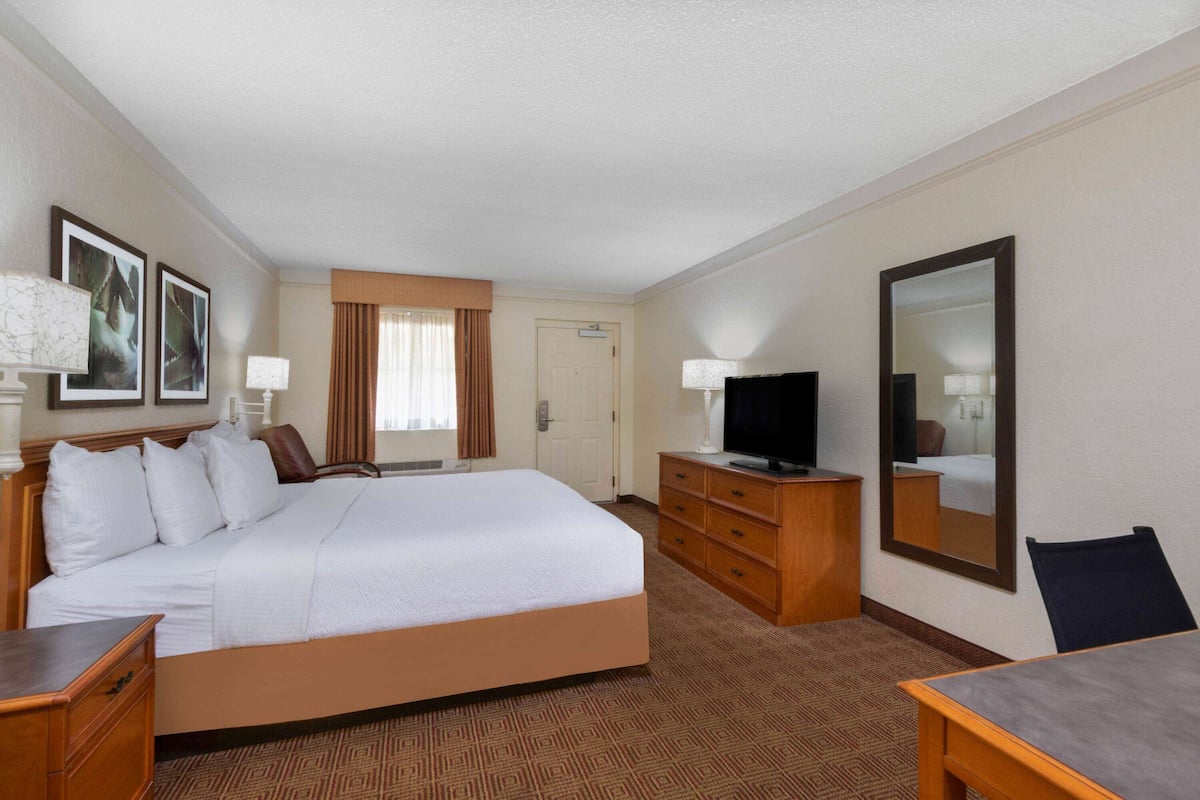 A hotel room with a large bed, a dresser, a TV, a desk, and a mirror.