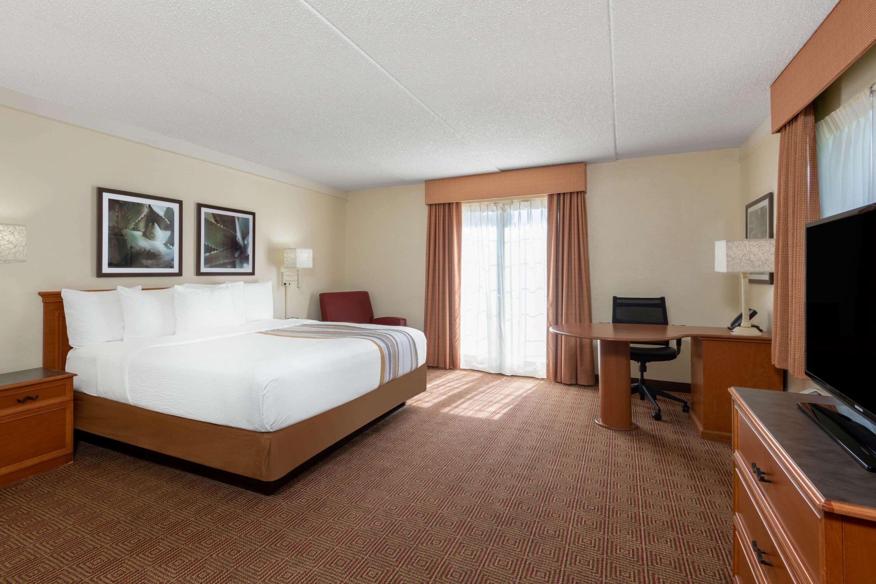 A hotel room with a large bed, a desk, a chair, and a television.