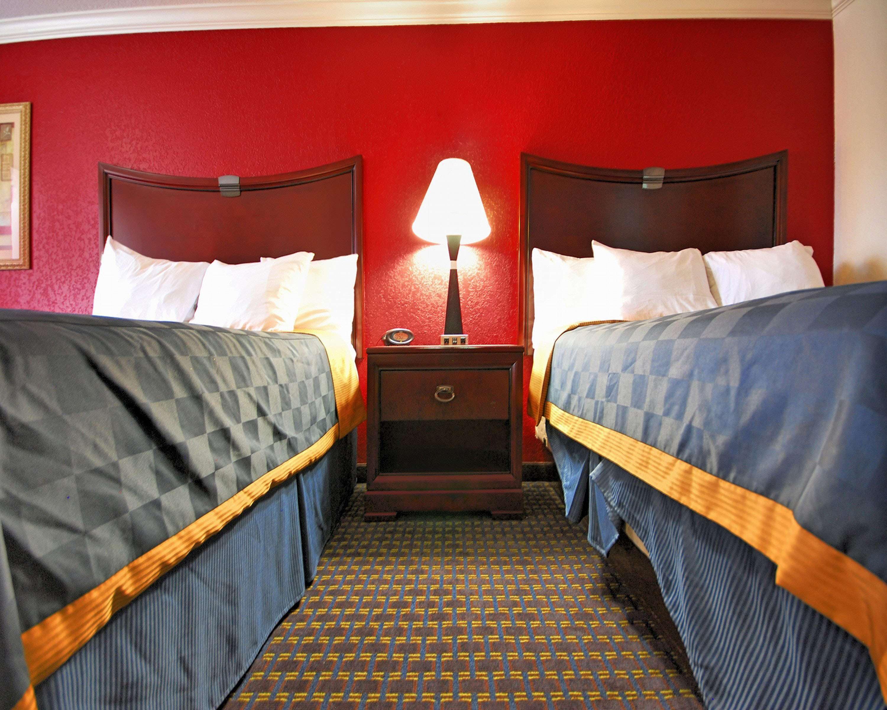 A hotel room with two beds, a nightstand with a lamp, and a patterned carpet.