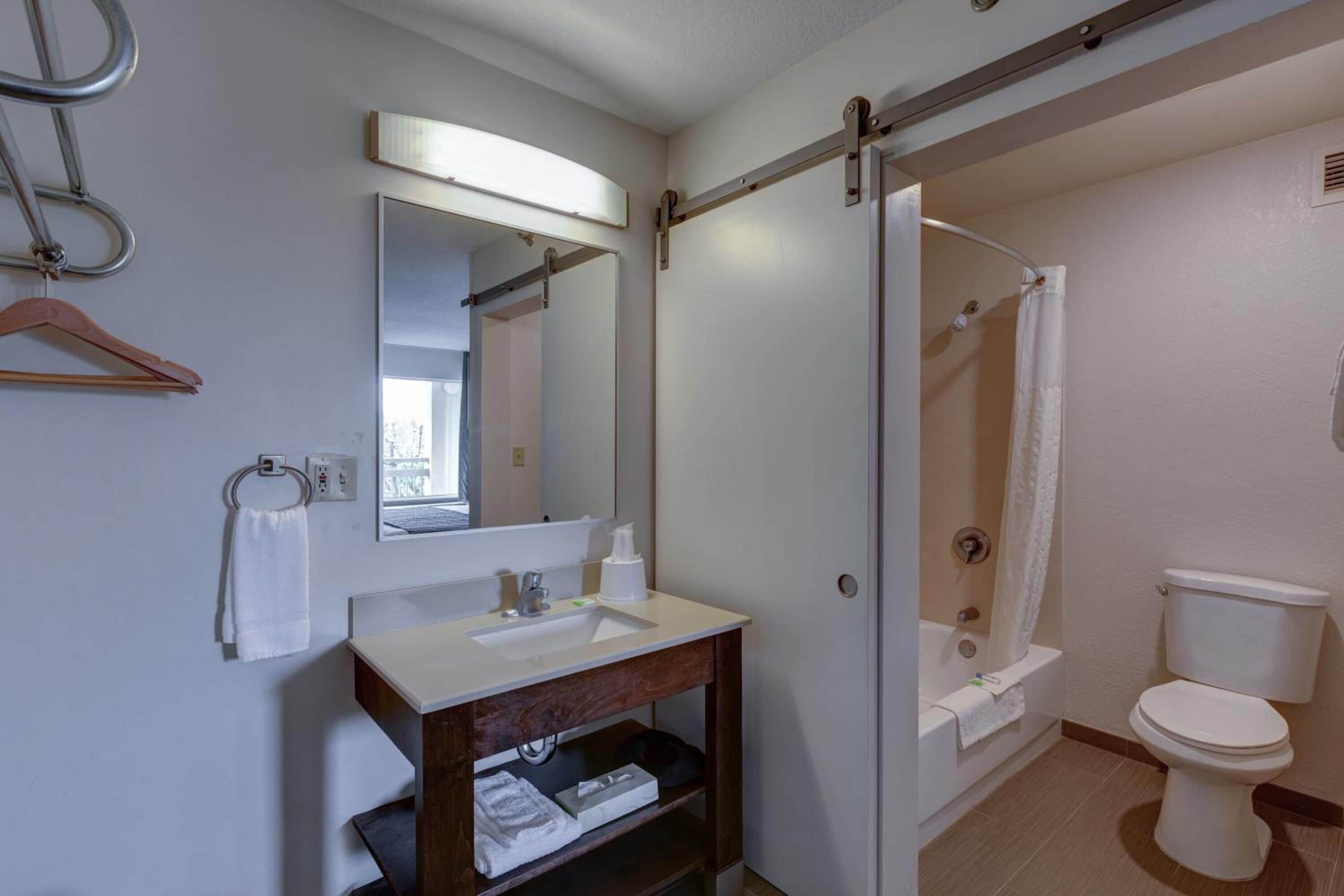 combined shower/bathtub, eco-friendly toiletries, hair dryer, towels
