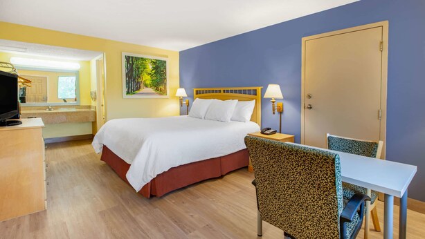Habitación de hotel con cama, escritorio, silla, televisión y puerta.