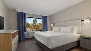 Una habitación de hotel con cama, televisión, escritorio y ventana con cortinas.