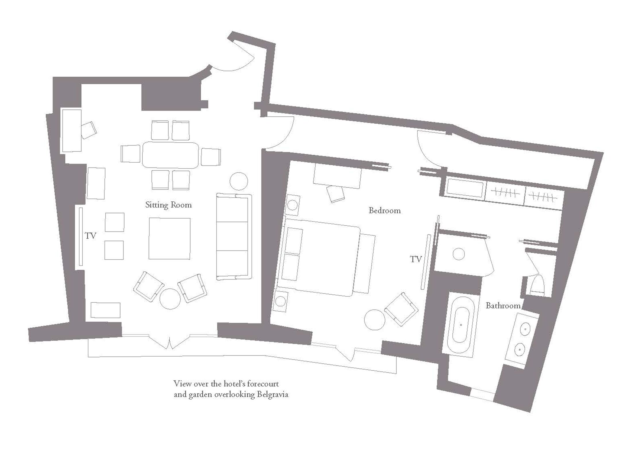 Distribución de un hotel que incluye sala de estar, televisor, dormitorio, baño y vistas al patio delantero y jardín con vista a Belgravia.