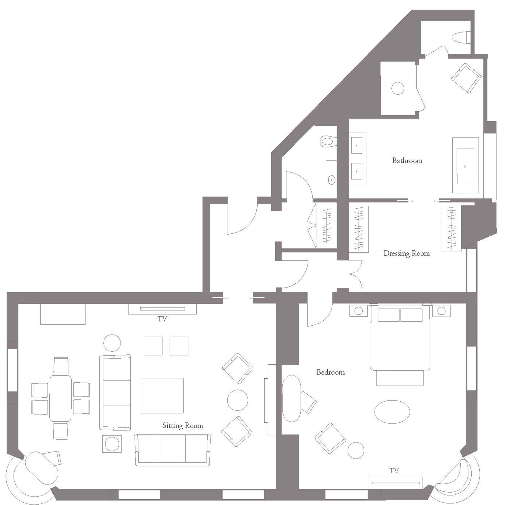 Een plattegrond met een zithoek, slaapkamer, badkamer en kleedruimte.