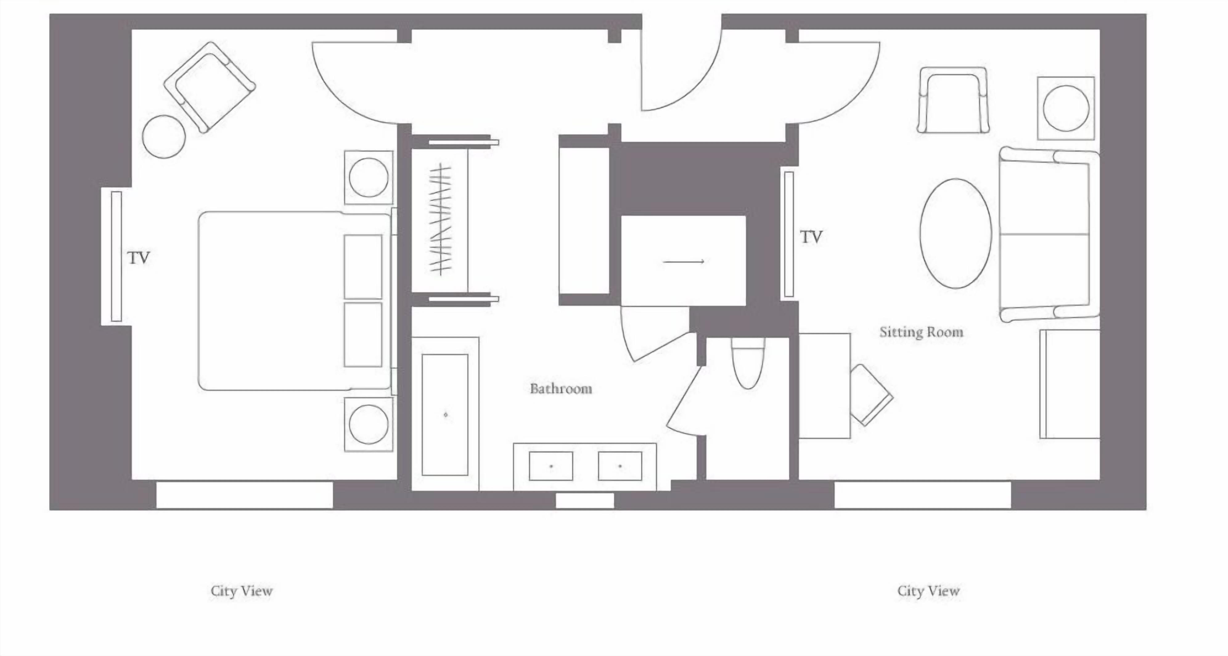 Un hôtel proposant des chambres avec deux lits, une salle de bain, un salon et une télévision.