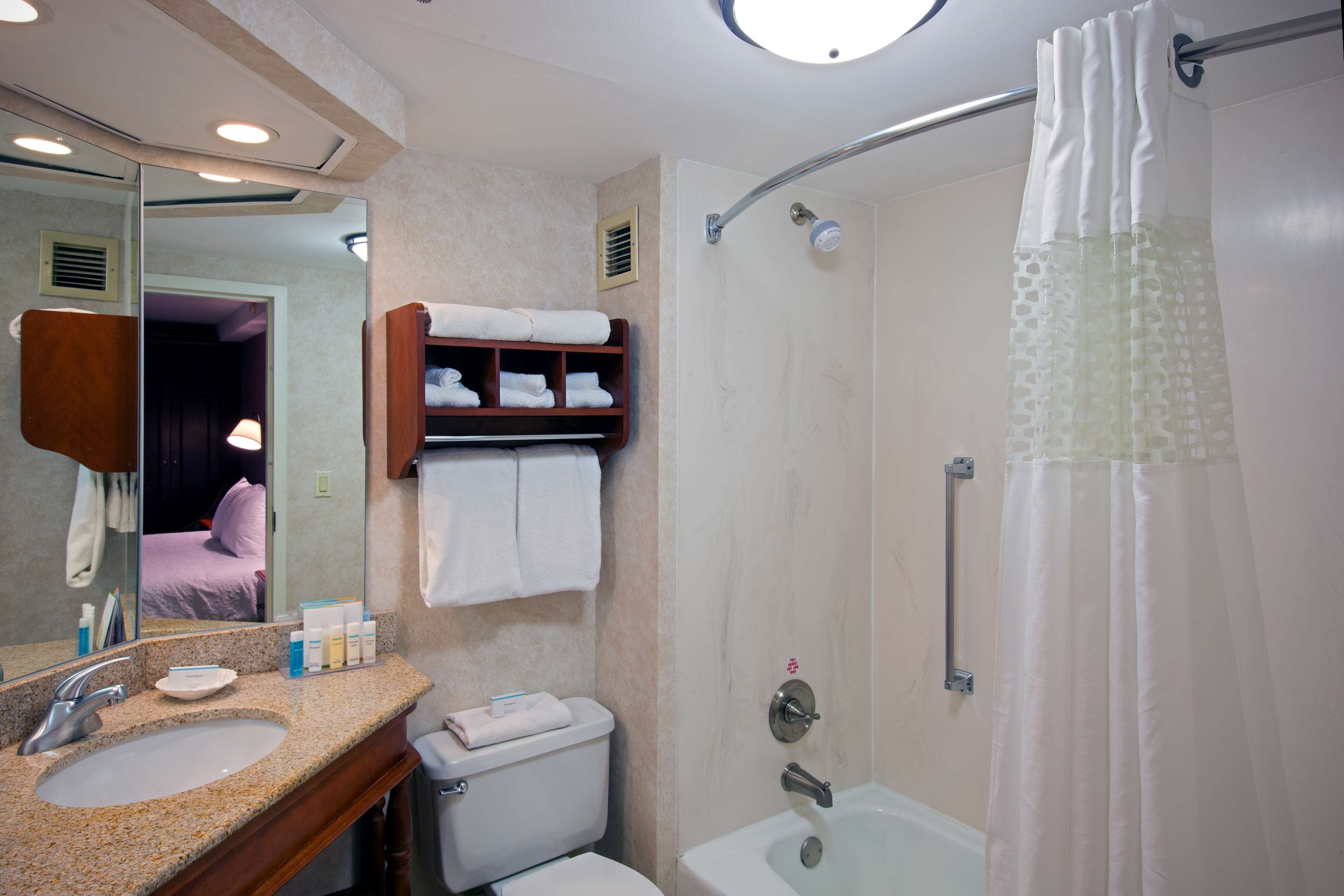 combined shower/bathtub, free toiletries, hair dryer, towels