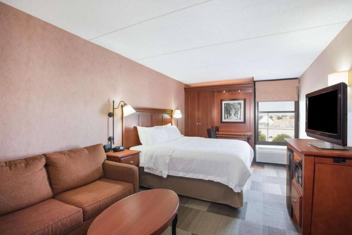 A hotel room with a bed, a sofa, a television, and a desk.