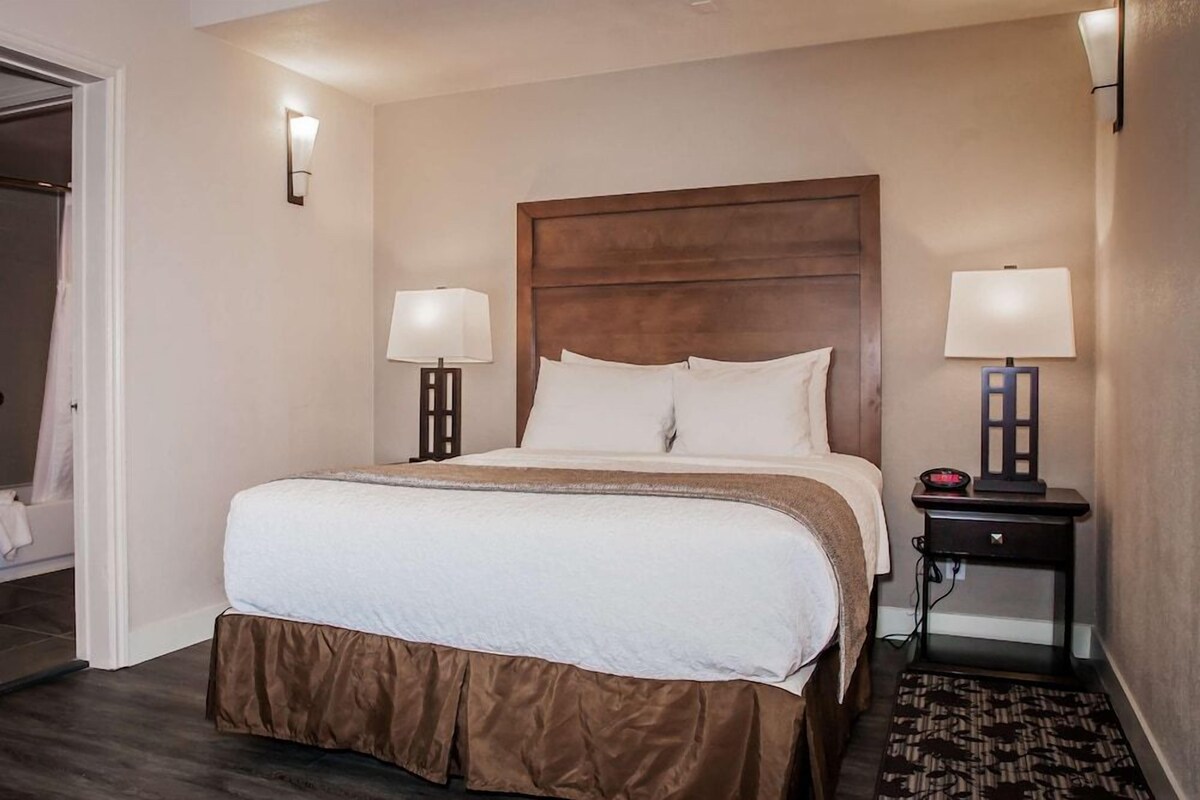 A hotel room with a large bed, two bedside lamps, a nightstand, and a patterned rug.