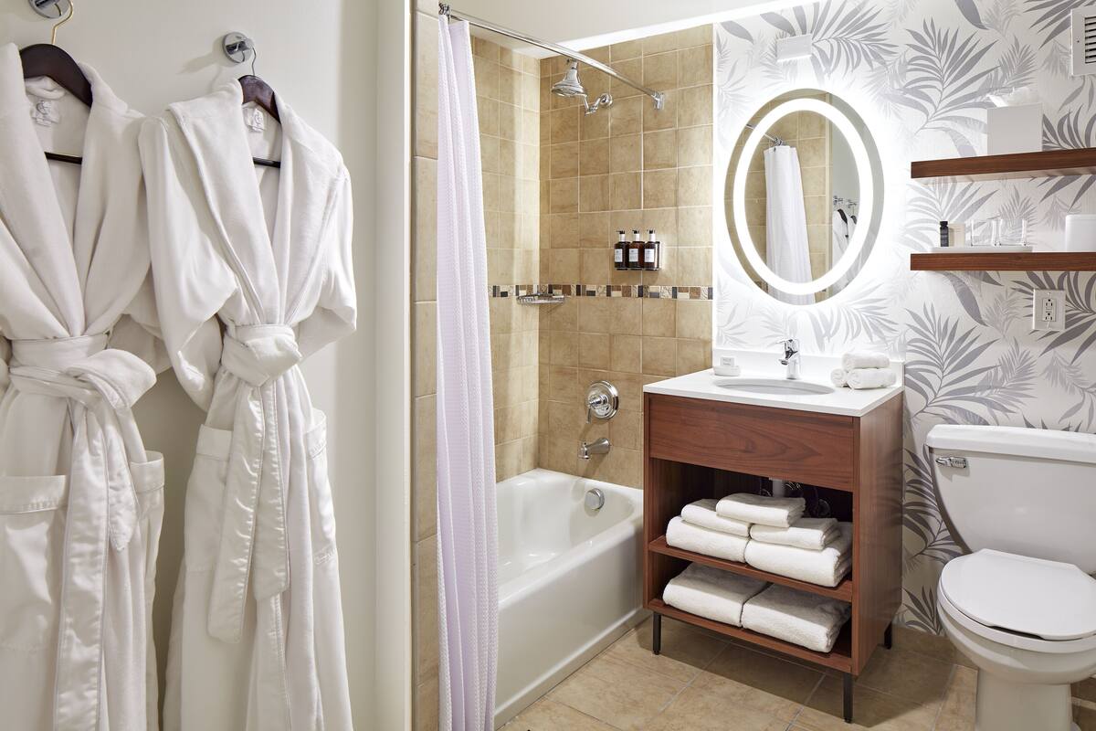 free toiletries, hair dryer, bathrobes, towels