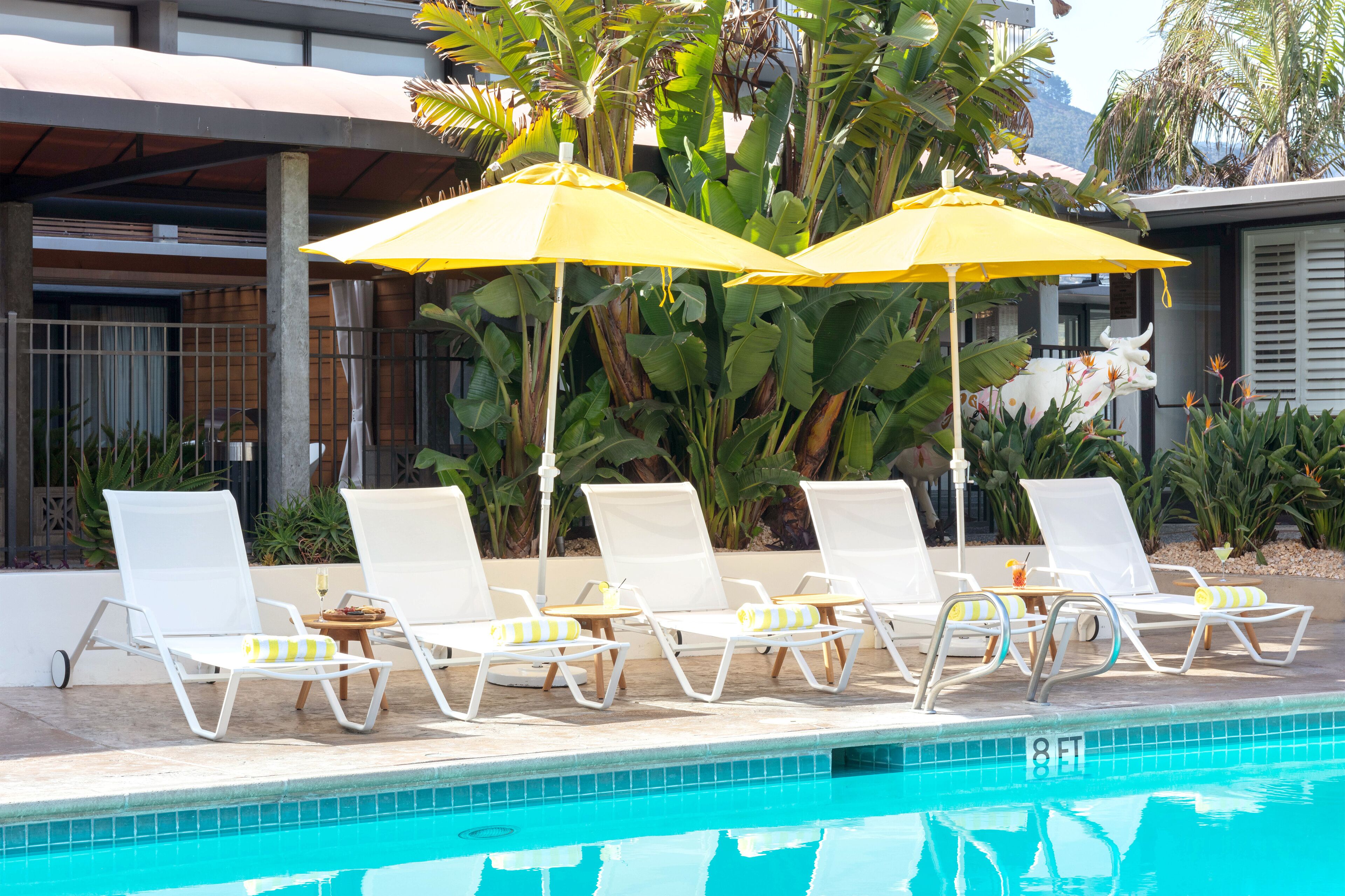 outdoor pool, a heated pool, open 9:00 am to 10:00 pm, pool loungers