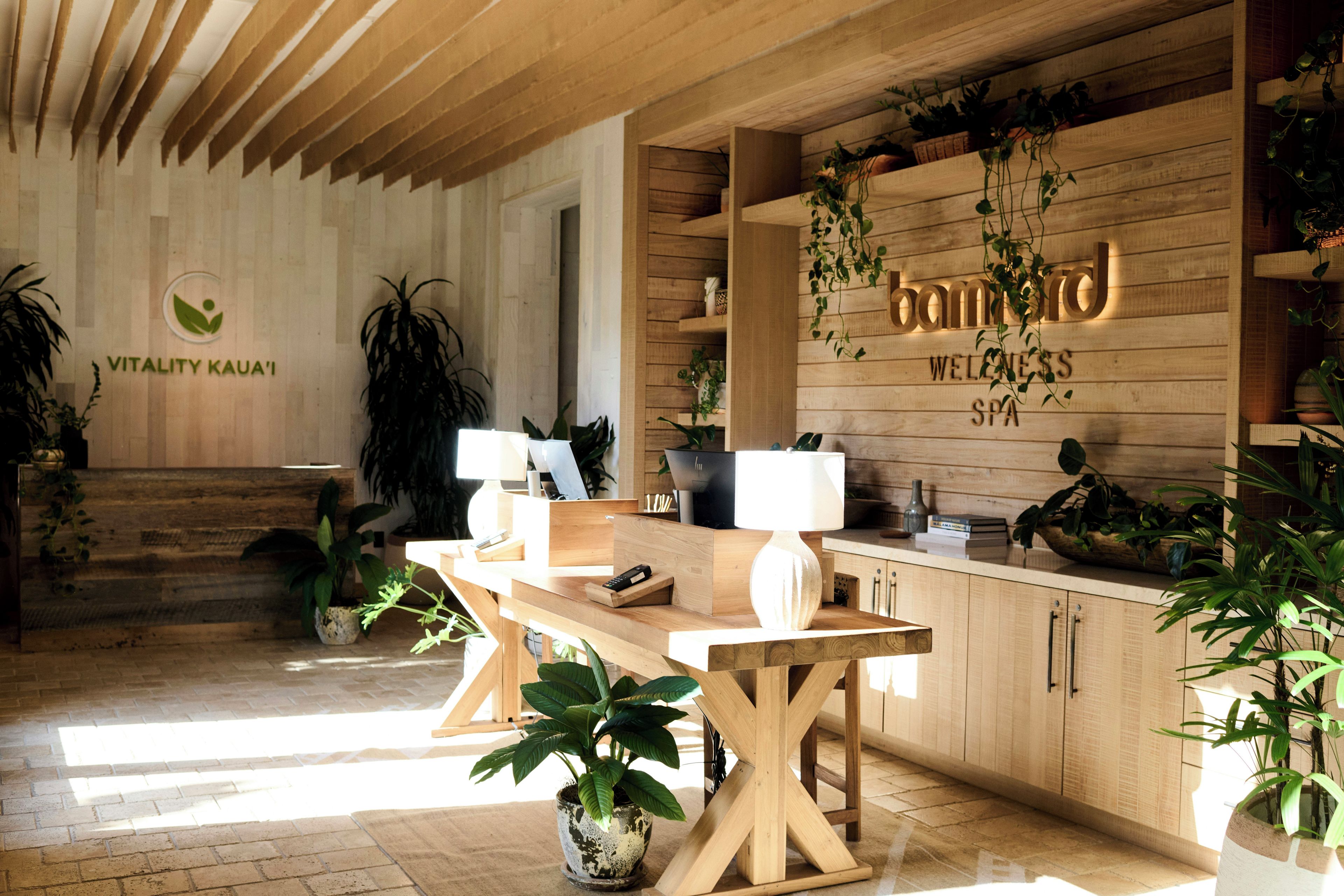 Un mostrador de recepción de madera con un teléfono, una lámpara y una planta en maceta.