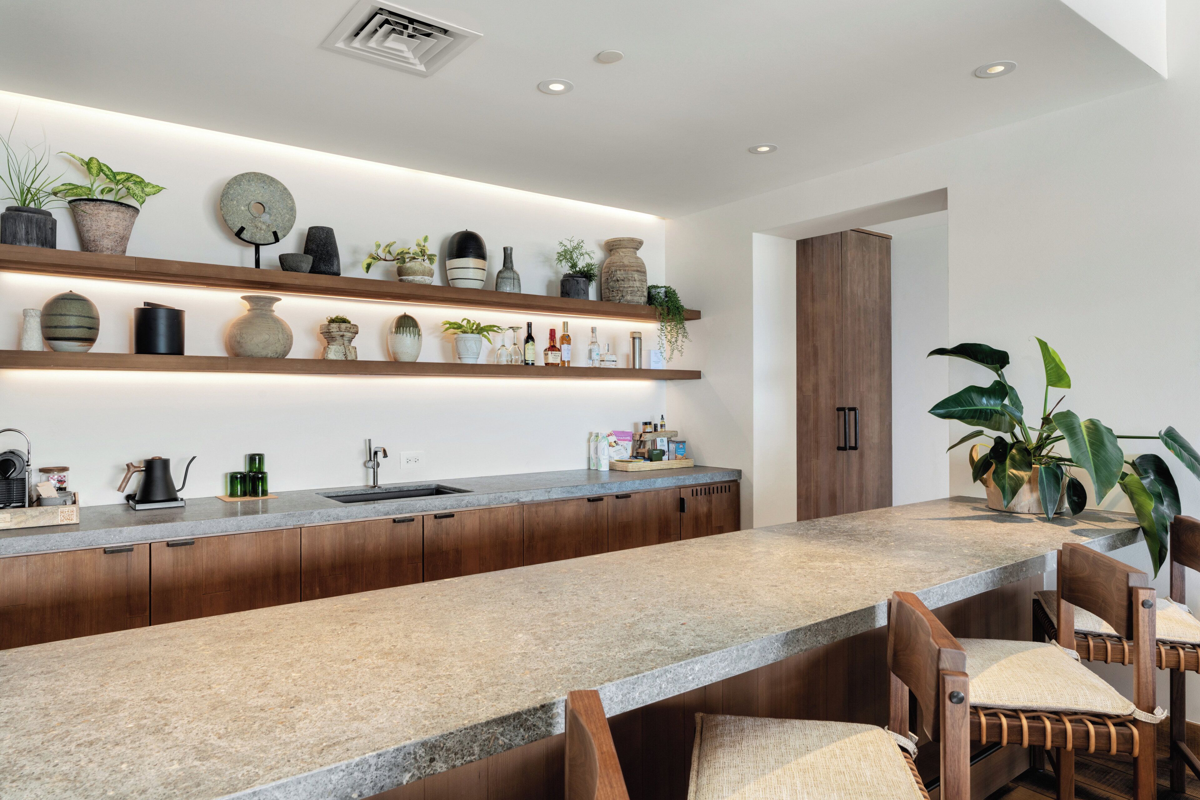 A modern kitchen with a granite countertop, wooden cabinets, and a built-in shelf with various decorative items and plants.