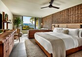 A modern bedroom with a large bed, a desk, and a view of the outdoors.