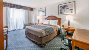 A hotel room with a large bed, a desk, a chair, a window with curtains, two bedside lamps, and two framed pictures on the walls.