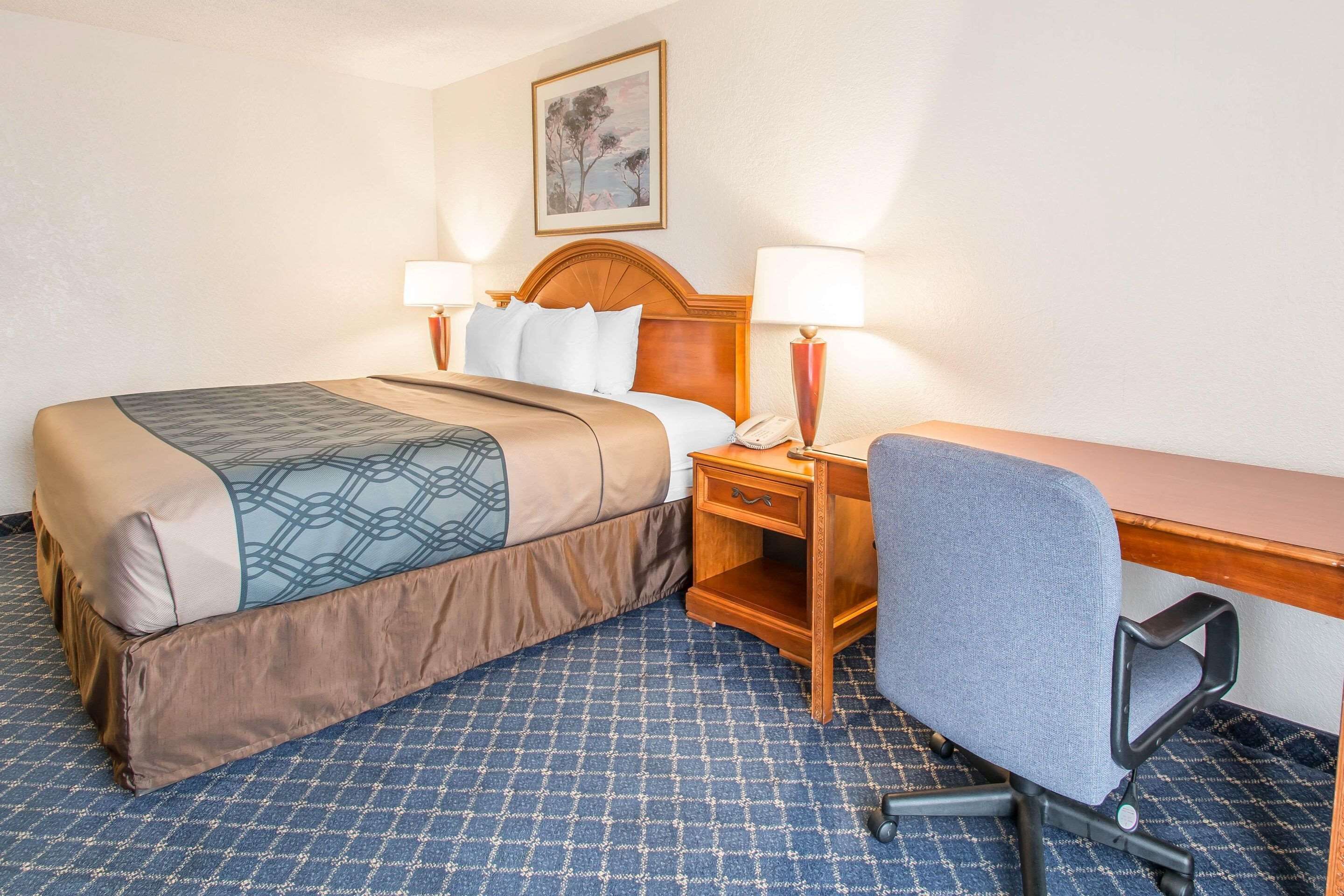 Una camera d'albergo con un letto, un comodino, una sedia e un quadro appeso al muro.