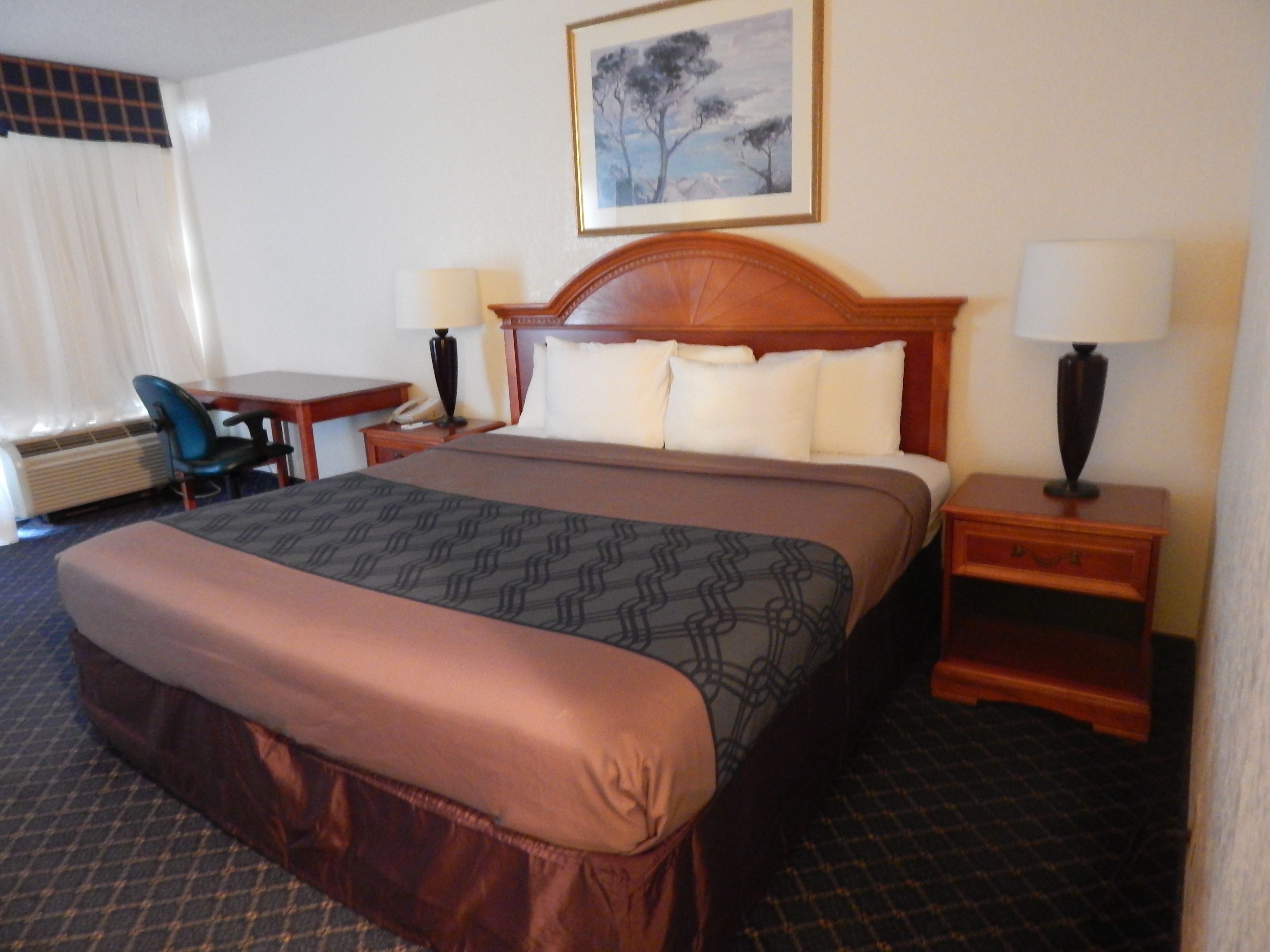 A hotel room with a bed, a desk, a chair, a lamp, and a painting on the wall.