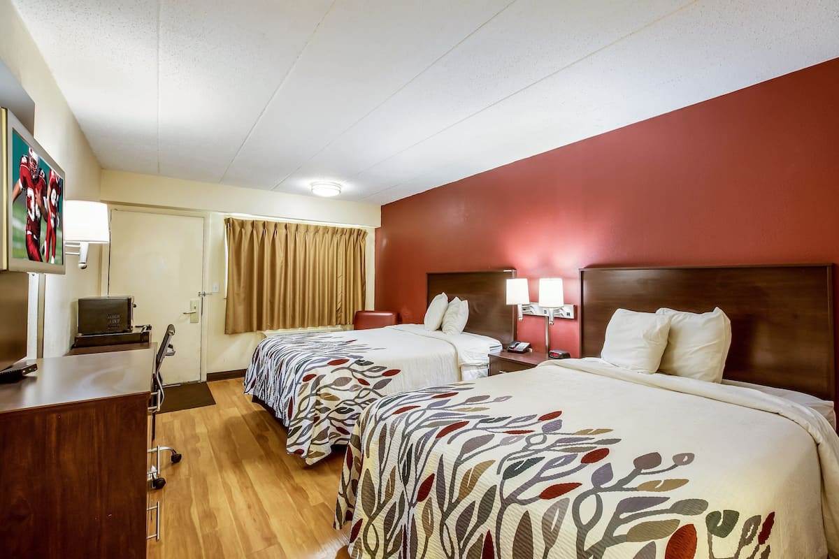 Desk, laptop workspace, blackout curtains, free WiFi