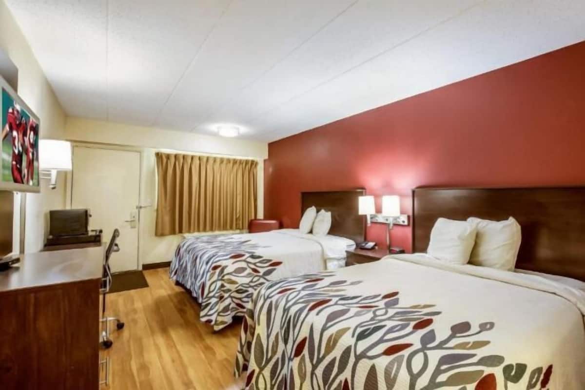 Desk, laptop workspace, blackout curtains, free WiFi