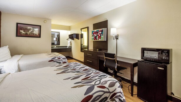 Une chambre d’hôtel avec deux lits, un bureau, une télévision et un miroir.