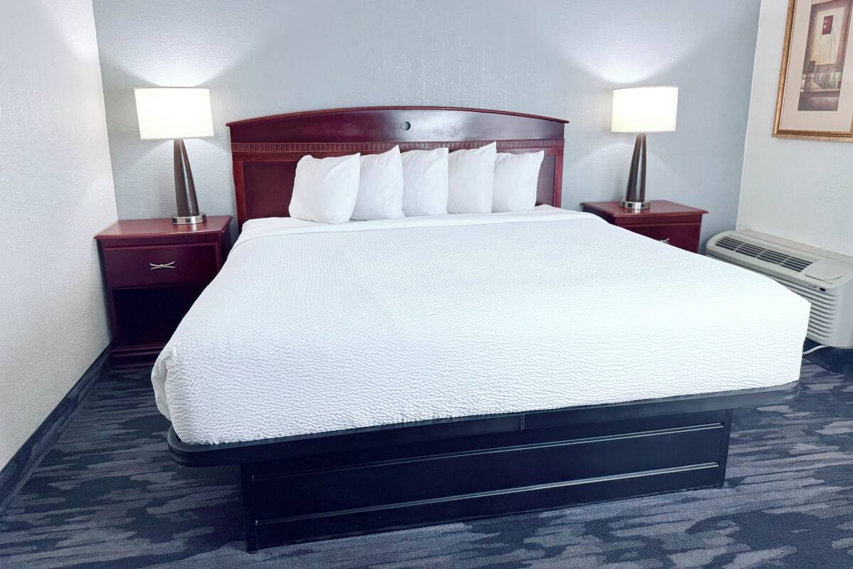A hotel room with a large bed, two bedside tables with lamps, a wall-mounted air conditioner, and a framed picture on the wall.