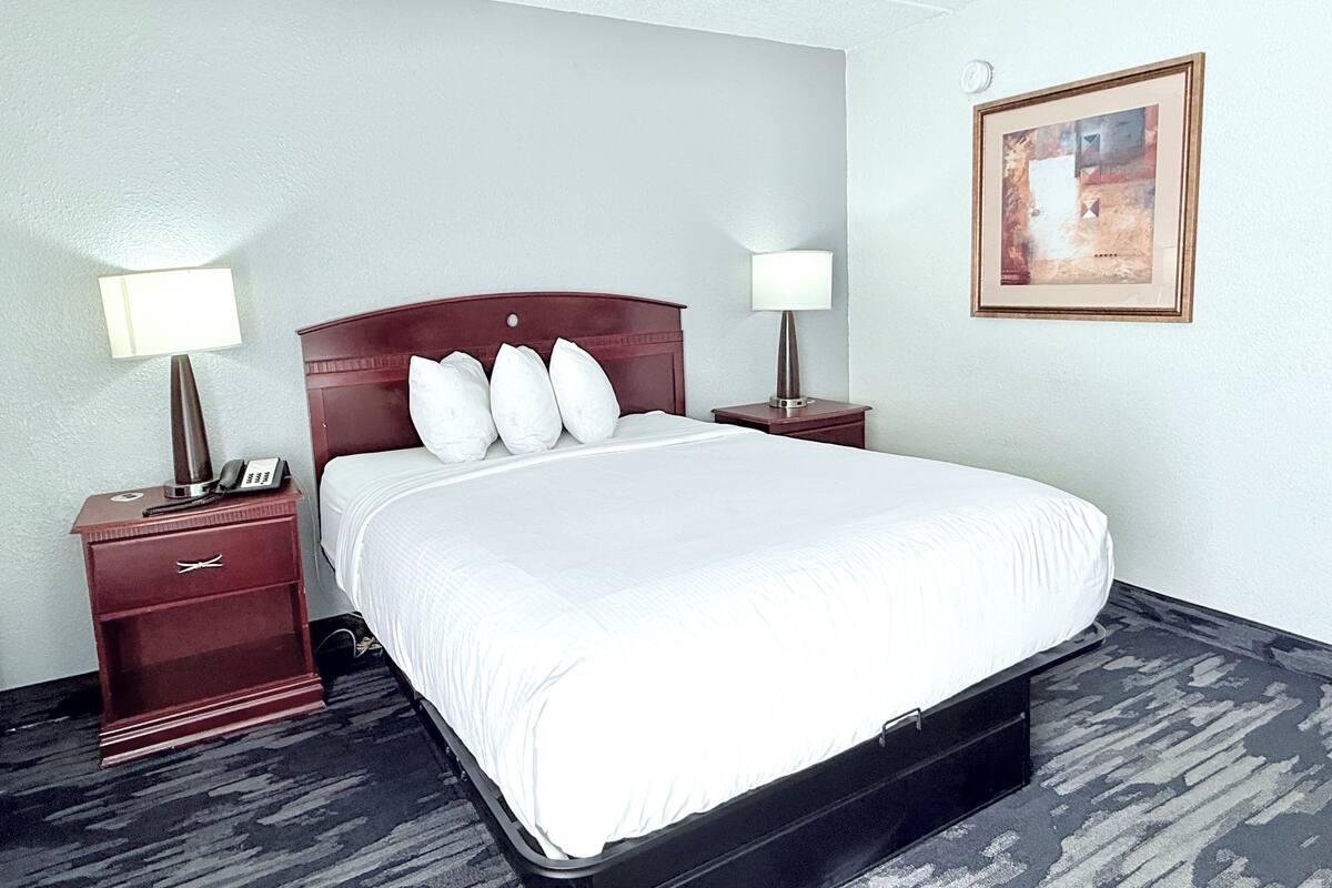 A hotel room with a large bed, two bedside tables with lamps, a telephone, and a framed picture on the wall.