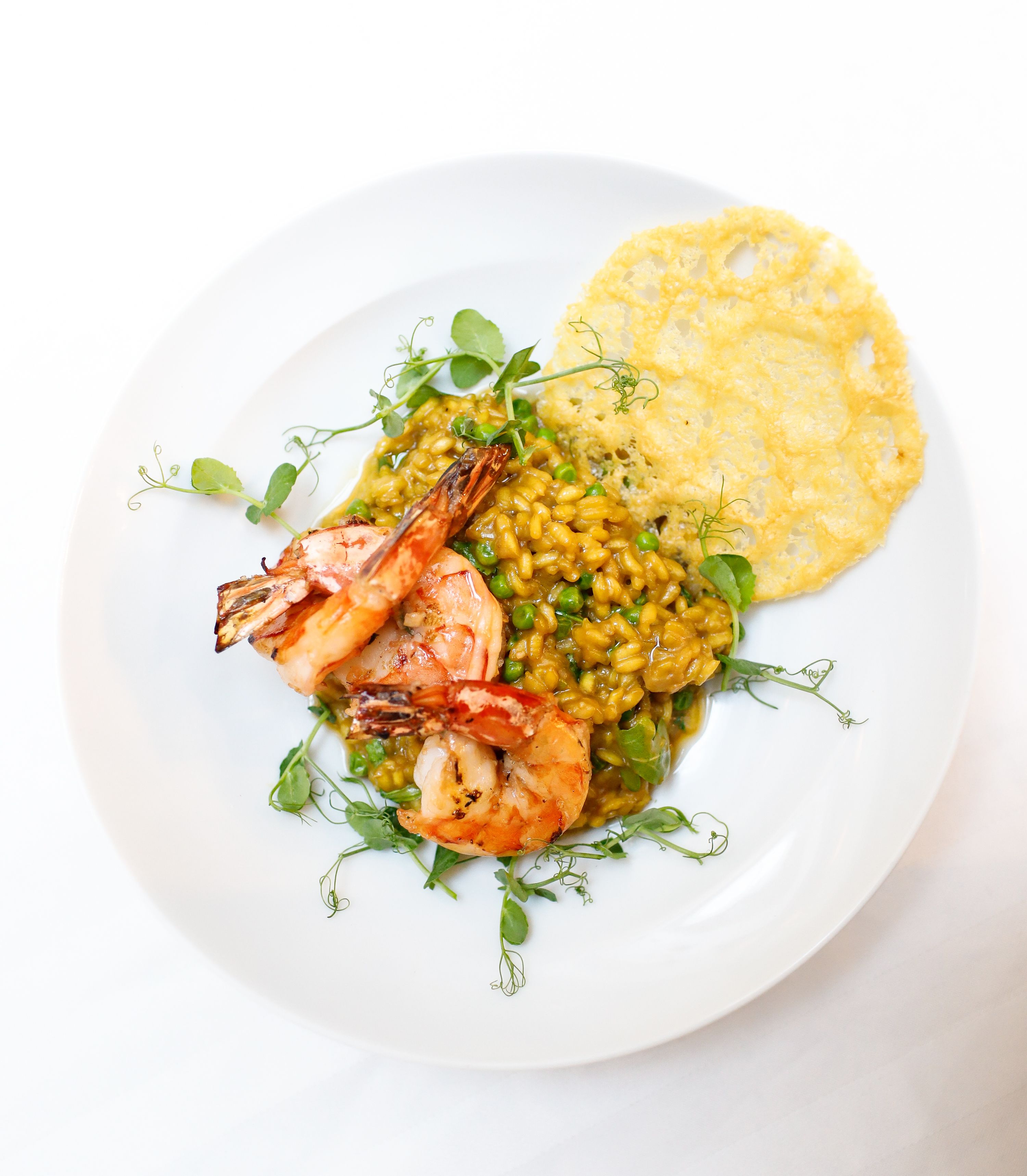 A plate with grilled shrimp, risotto, and a slice of toast.