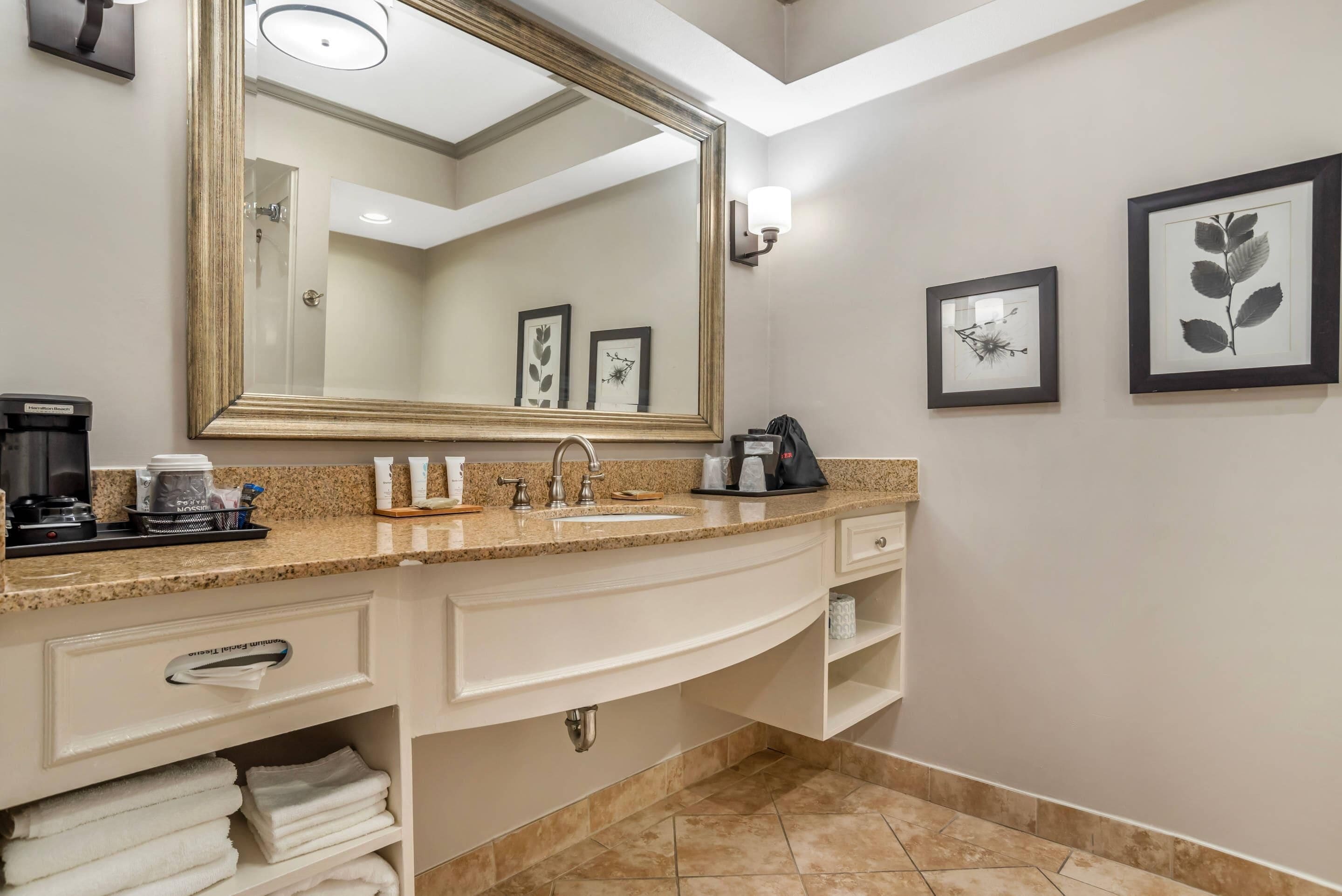 A bathroom with a large mirror, a sink, a coffee machine, and framed artwork on the wall.