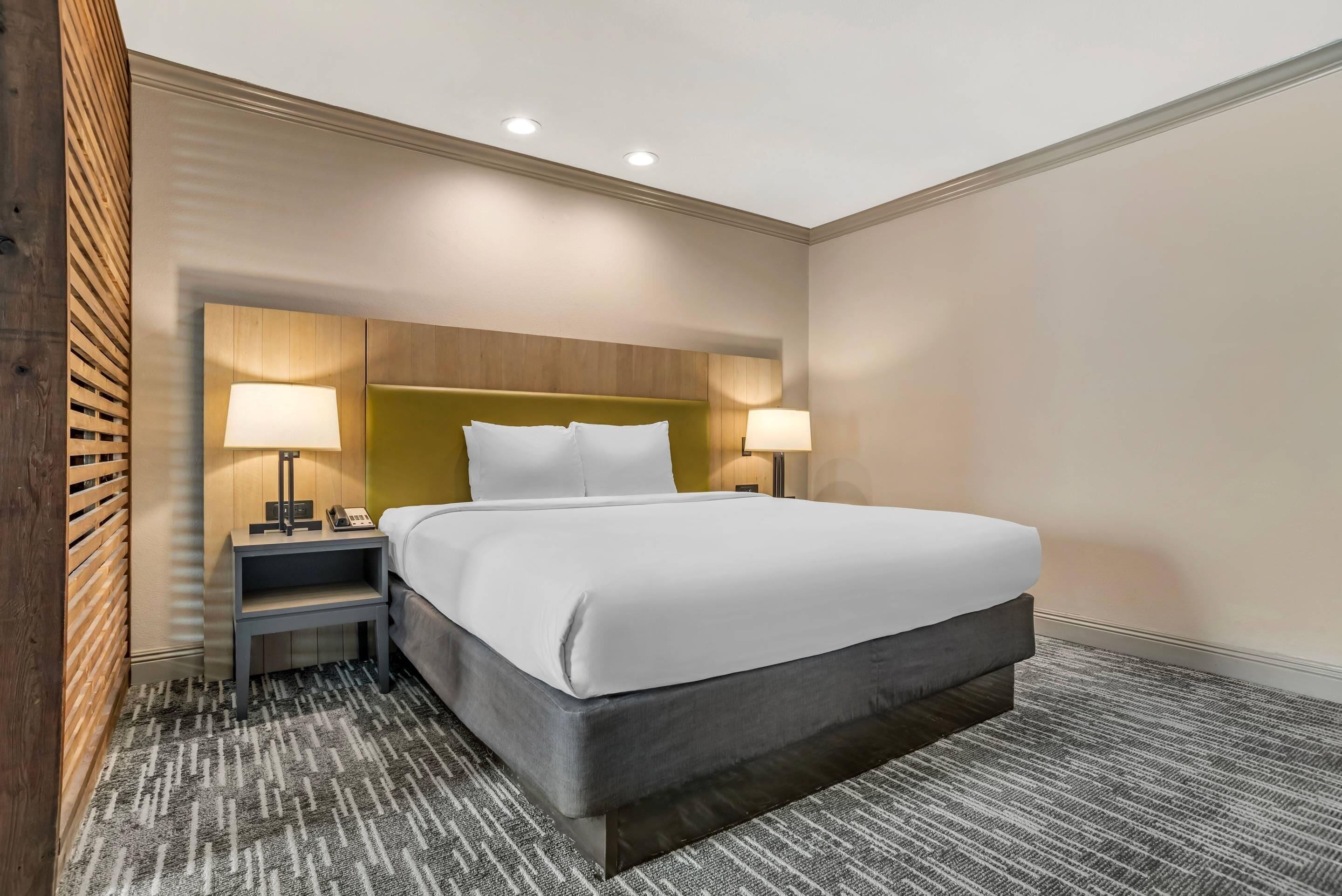 Quarto de hotel com uma cama, duas luminárias de cabeceira, mesa de cabeceira e piso coberto por carpete.