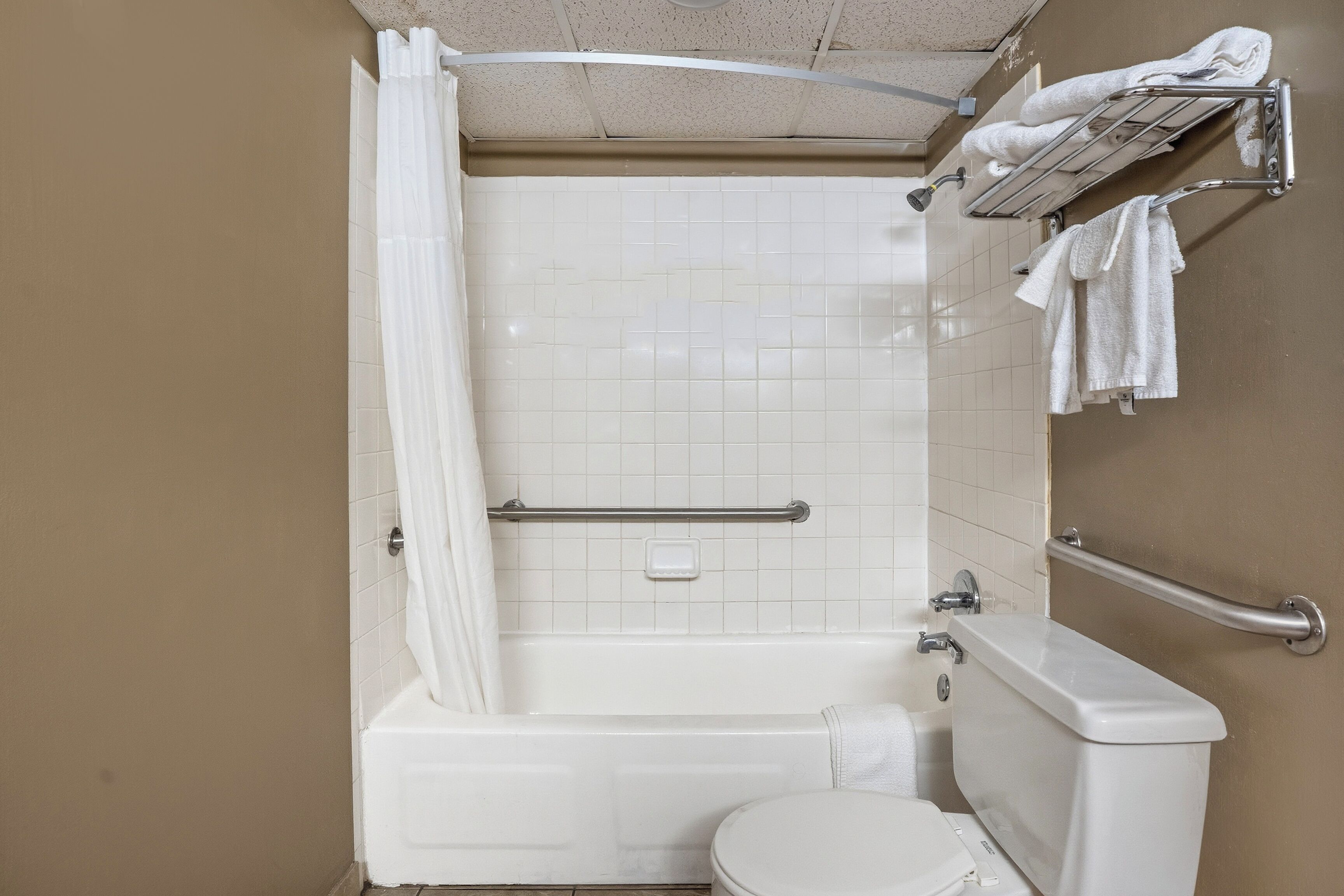 Ein Badezimmer mit Badewanne, Toilette und Handläufen.