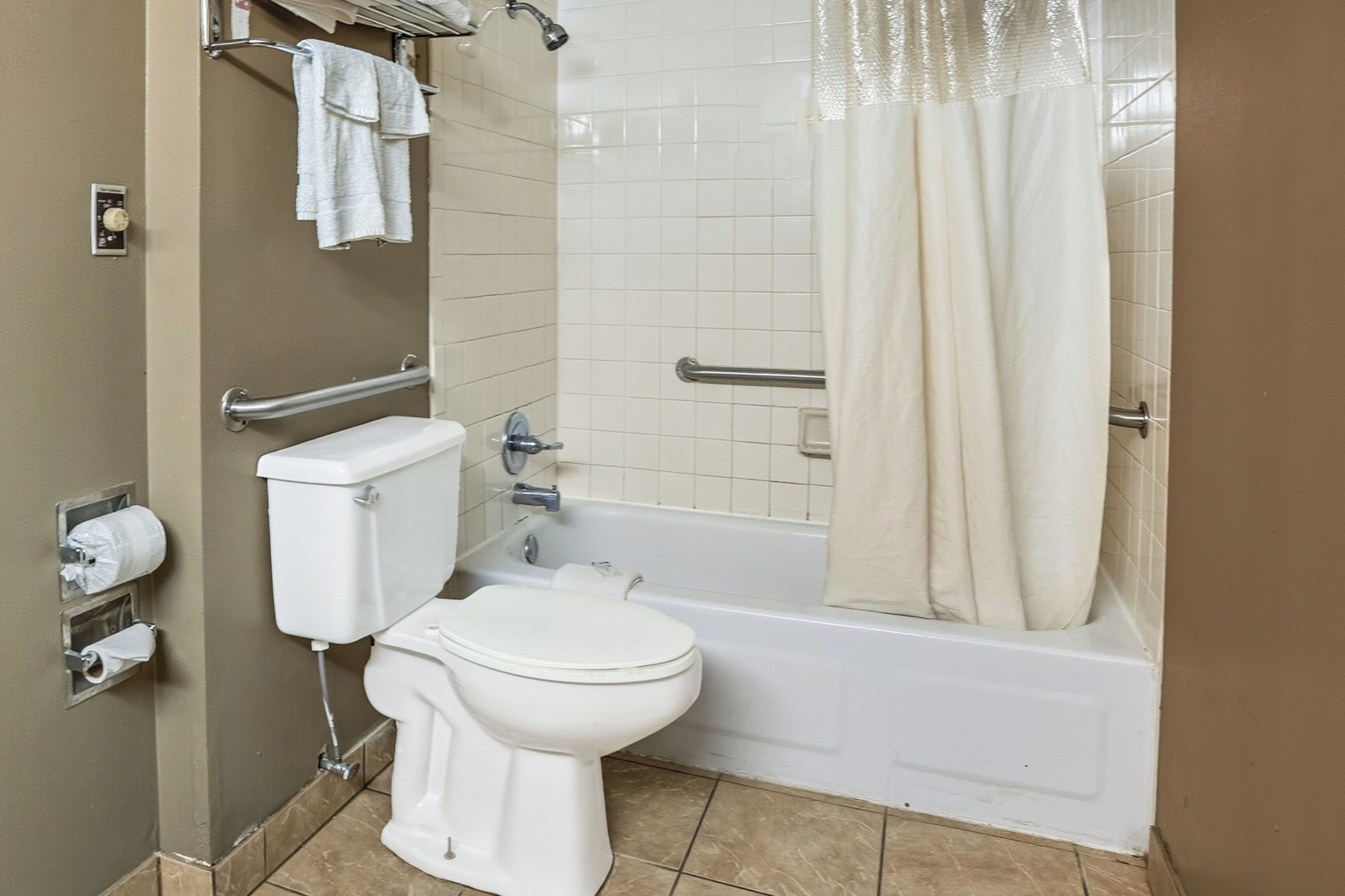 A bathroom with a toilet, a bathtub, and a shower curtain.