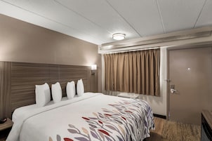 Habitación de hotel con una cama grande, una mesita de noche, una lámpara y una ventana con cortinas.