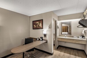Habitación de hotel con escritorio, silla y un espejo grande.