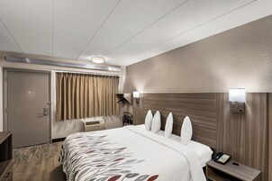 Habitación de hotel con una cama grande, una mesita de noche, una lámpara, un teléfono en la pared y una ventana con cortinas.