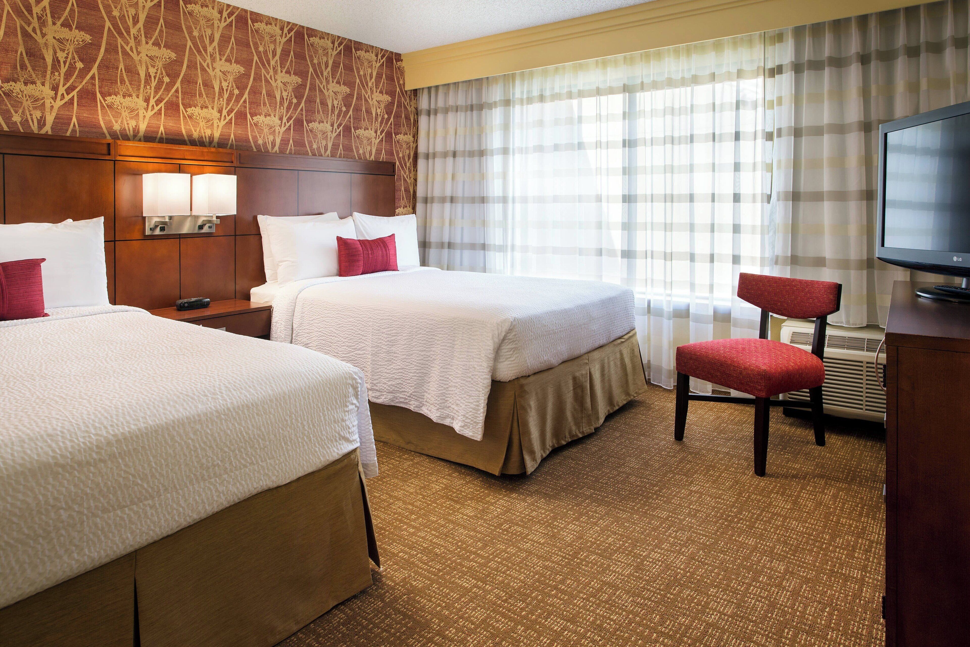 desk, laptop workspace, blackout curtains, iron/ironing board